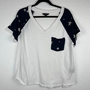 Rock & Republic Womens XL White Navy Star Print V Neck Pocket T Shirt Top